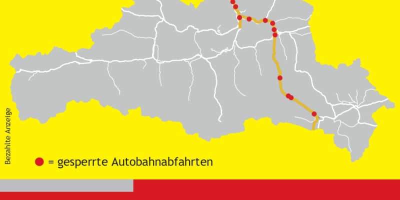 Übersicht über die Sperrren der Autobahnabfahrten entlang der A10 im Bundesland Salzburg